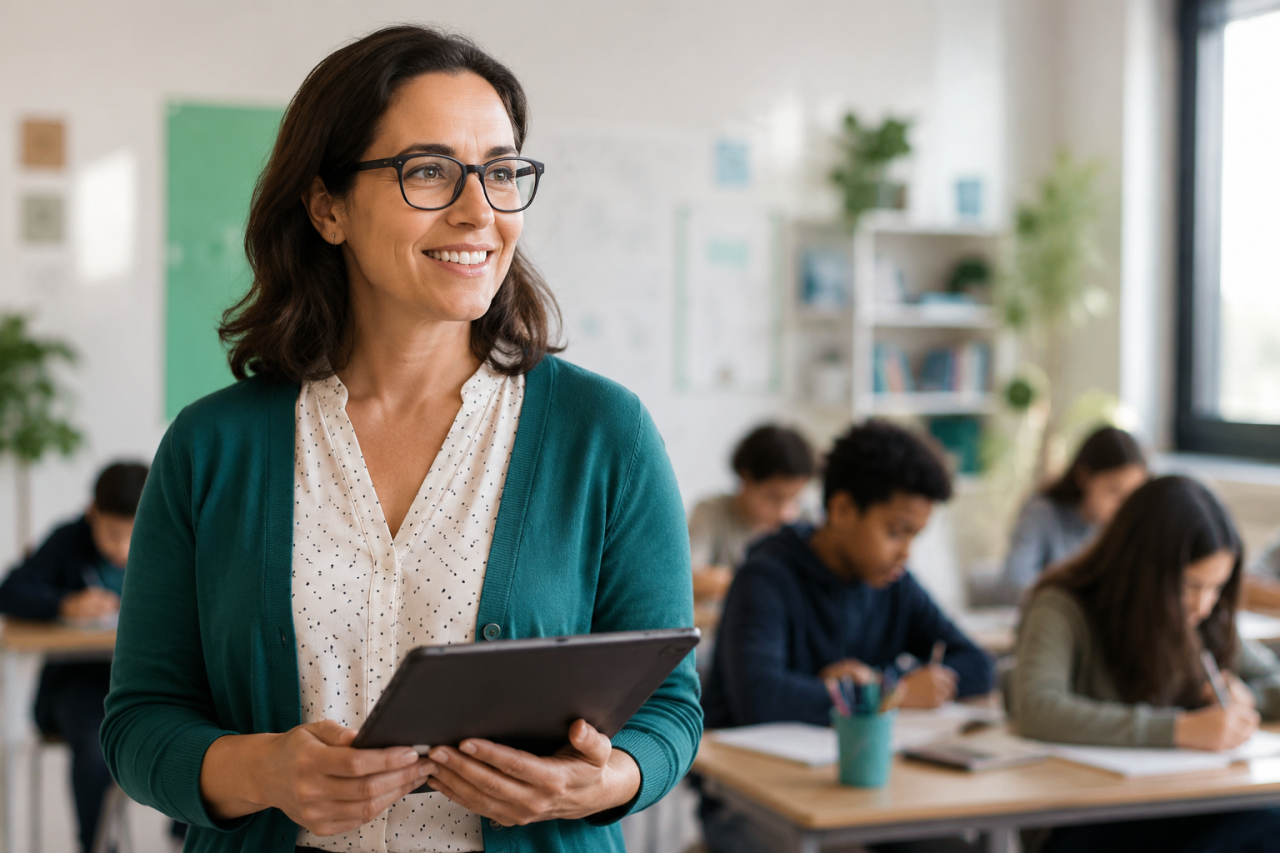 Un enseignant tient une tablette pendant que les élèves réalisent une évaluation en classe.