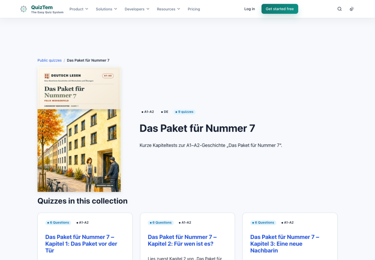 Das Paket für Nummer 7 collection page with cover, language level, and chapter quizzes