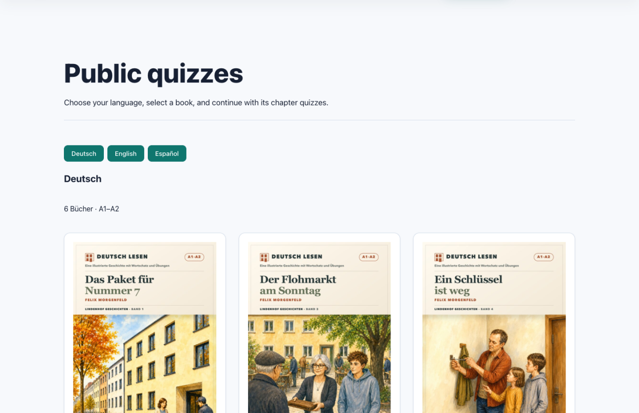 QuizTem Public Quizzes page showing multilingual A1–A2 book collections