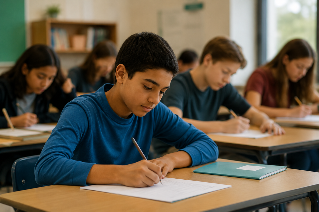 Lernende bearbeiten eine schriftliche Bewertung in einem hellen Klassenraum.