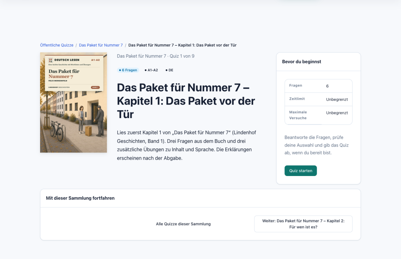 Learner start screen for the first Das Paket für Nummer 7 chapter quiz