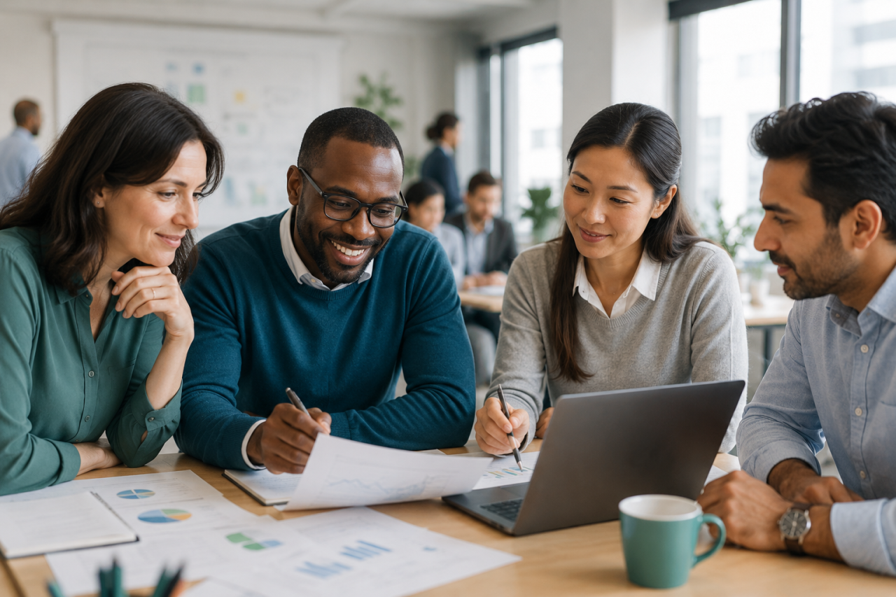 Une équipe de formation examine des supports d’évaluation autour d’un ordinateur portable.