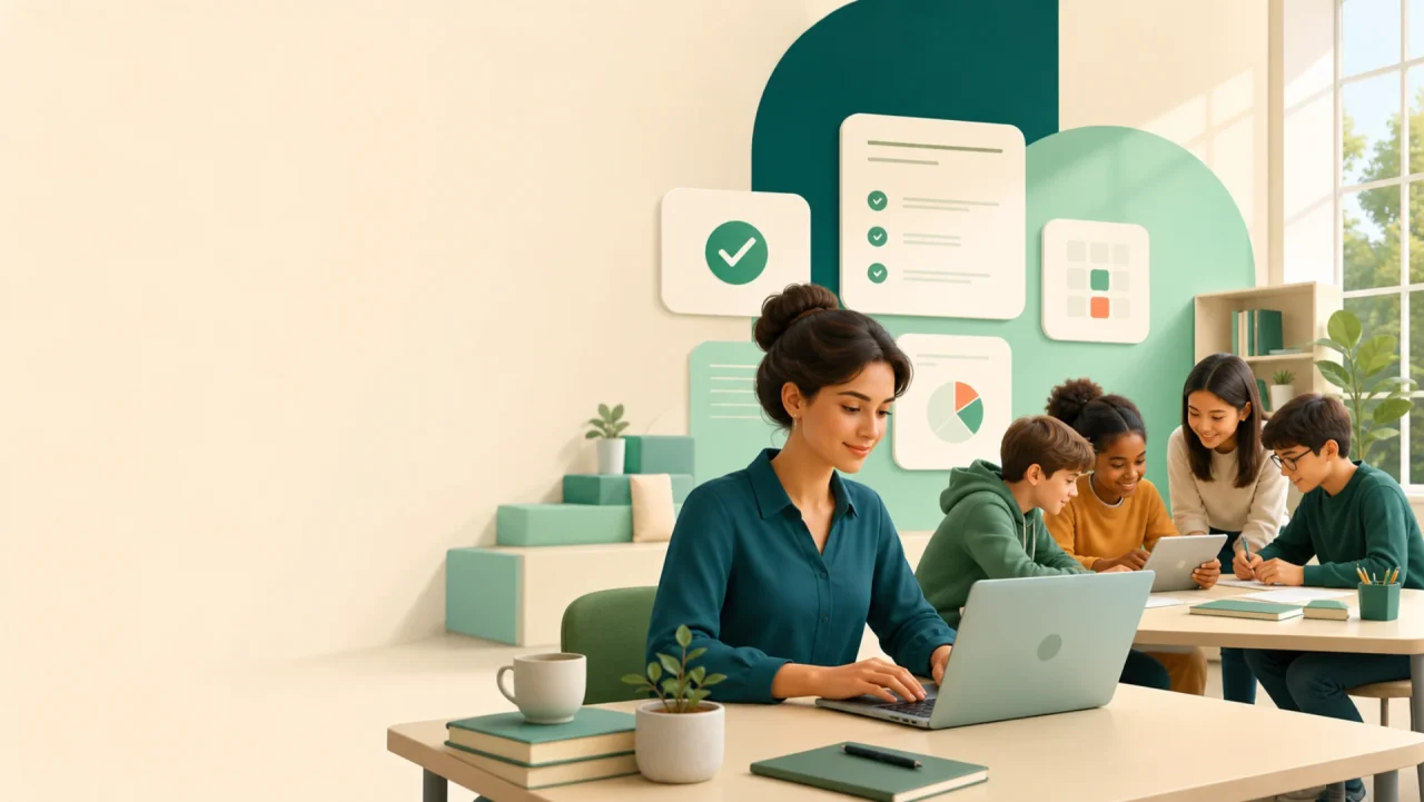 An educator prepares a digital assessment while students learn together in a bright classroom