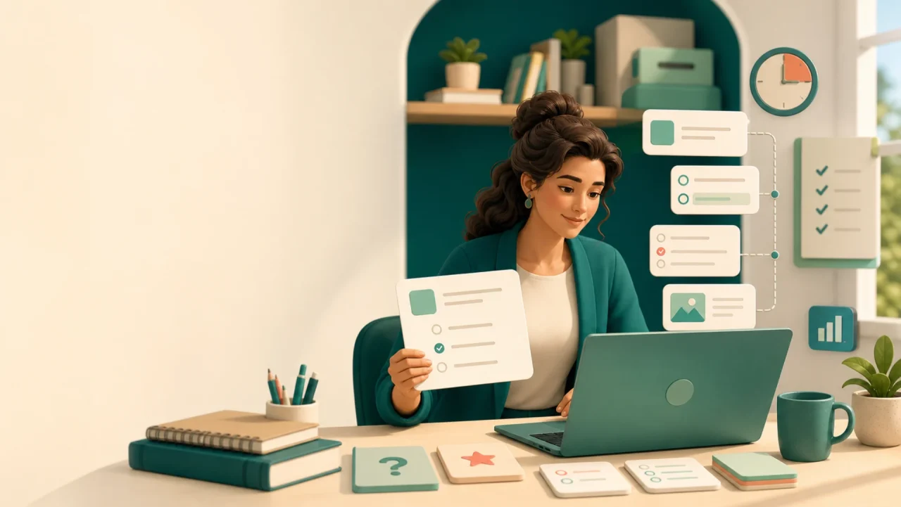 Eine Lehrkraft ordnet digitale Quizfragen in einem ruhigen Arbeitsbereich.